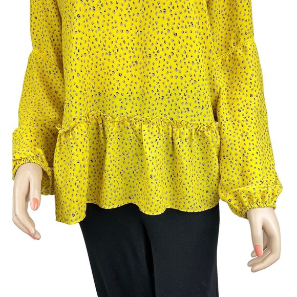 Pleione Anthropologie Yellow Top w/purple Dots LARGE Crochet Trim Ruffle Hem - Picture 3 of 11